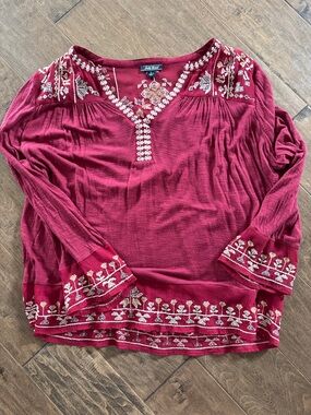 Lucky Brand Wine Red Embroidered Boho Tunic Top